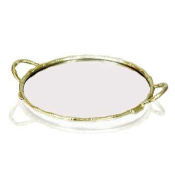 1jee-1283 Bamboo Round Tray Wıth Handle Tepsi 46x39x4,5cm Altın