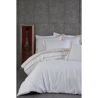 Şehzade Çift Kişilik Nevresim Takımı %100 Organik Pamuk Saten Nakışlı 200x220 Cm Krem