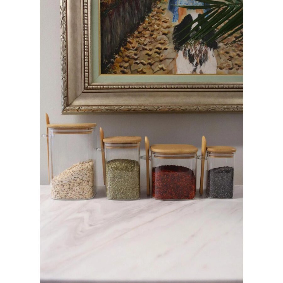 Cam0295 Bambu Kare Kapaklı Cam Saklama Kabı 1050cc - Görsel 3