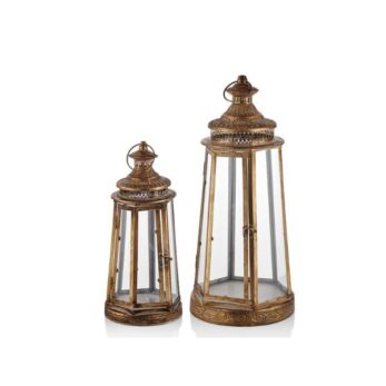1pl-22a111 Hexagon 2lı Fener Mumluk 24x24x53 18x18x40cm Altın