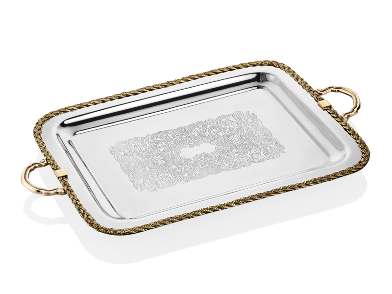 1mg-15640r Black Pearl Halatlı Kulplu Dıkdortgen Büyük Boy Tepsi 51.5x39x4.5 Cm