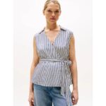 Th Ww0ww45884 Vıs Twıll Ns Wrap Top Kadın Gömlek - BEYAZ-LACİVERT